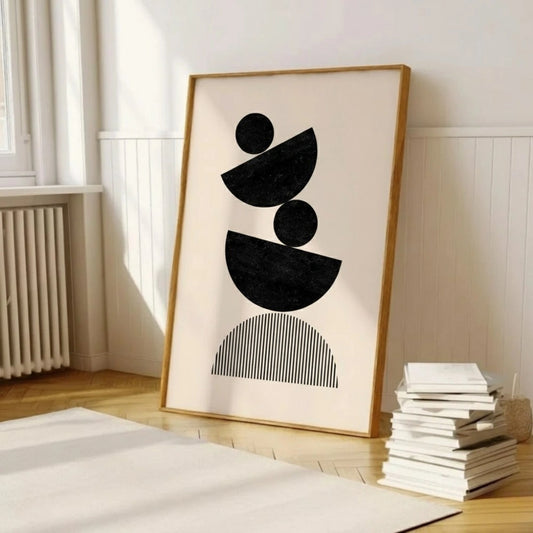 Abstract Geometric Balance Wall Art – Minimalist Black and White Shapes Print | Modern Mid-Century Framed Poster by Grodo