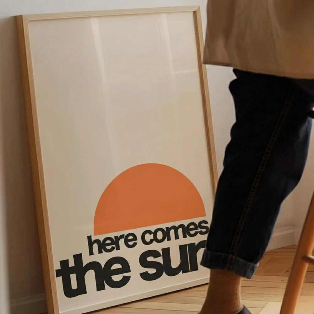 Here Comes The Sun Retro Print – Vintage Typography Wall Art | Minimalist Mid-Century Poster | Grodo Framed Art Print