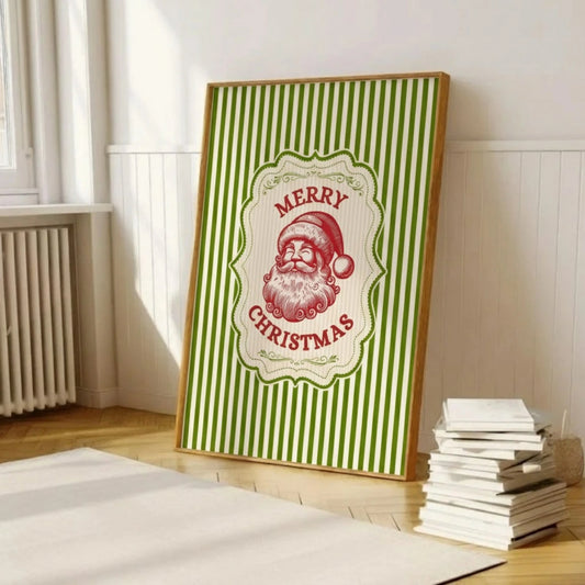 Merry Christmas Vintage Green Retro Stripes Wall Art Trendy Winter Holiday Wall Poster Decor
