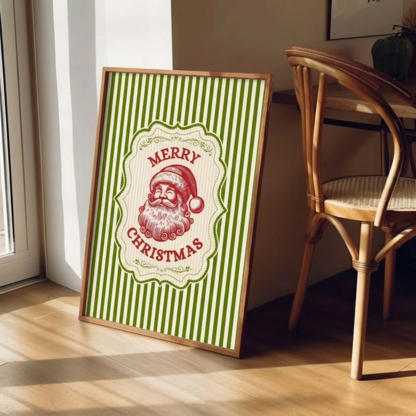 Merry Christmas Vintage Green Retro Stripes Wall Art Trendy Winter Holiday Wall Poster Decor