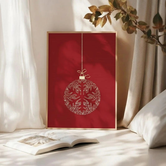 Red Ornament Snowflake Christmas Wall Art | Festive Holiday Print