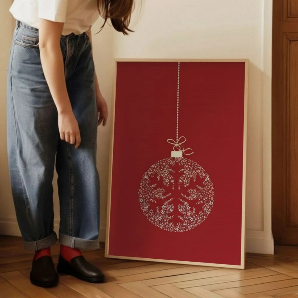 Red Ornament Snowflake Christmas Wall Art | Festive Holiday Print