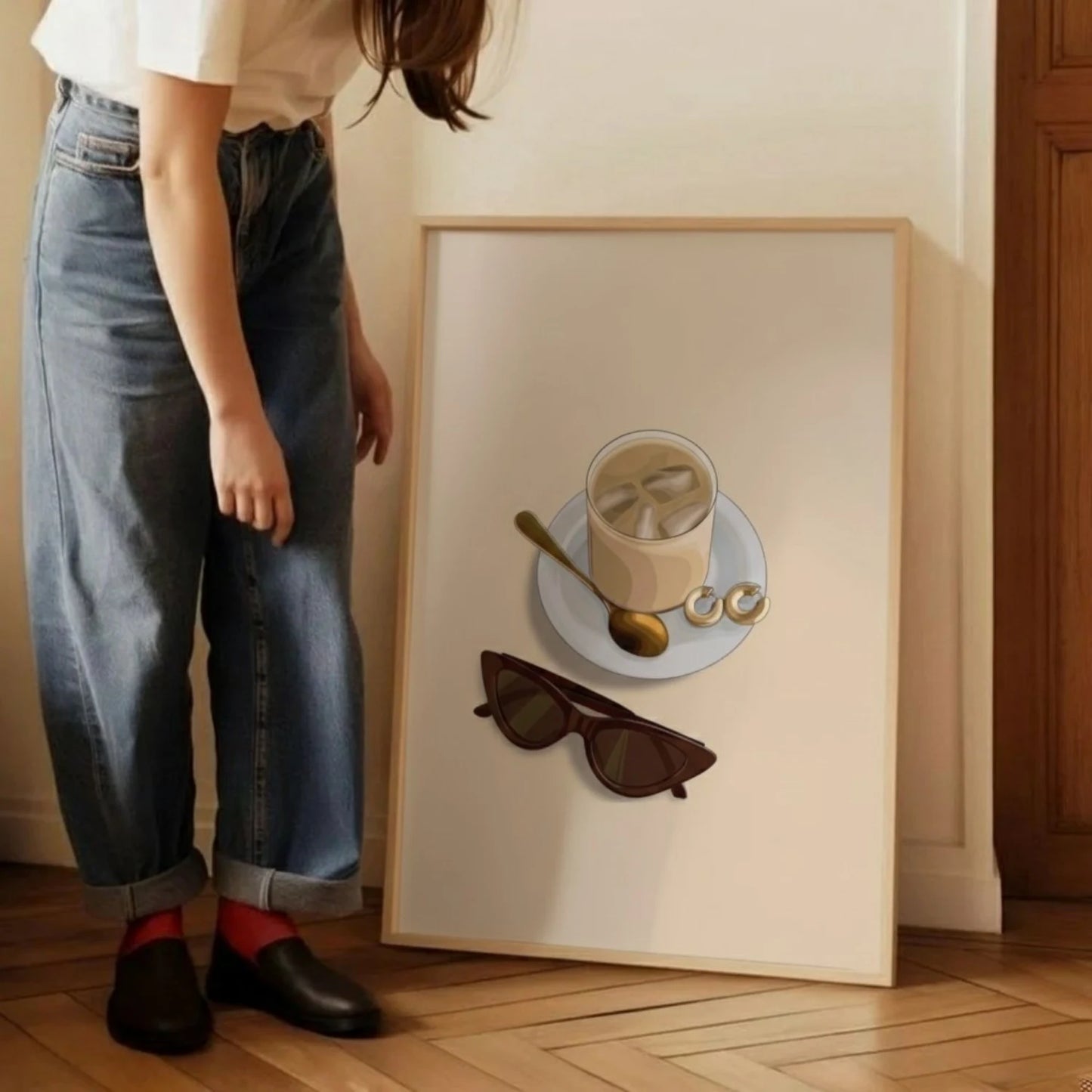 Minimalist Iced Coffee Wall Art with Sunglasses, Modern Aesthetic Kitchen Decor Print