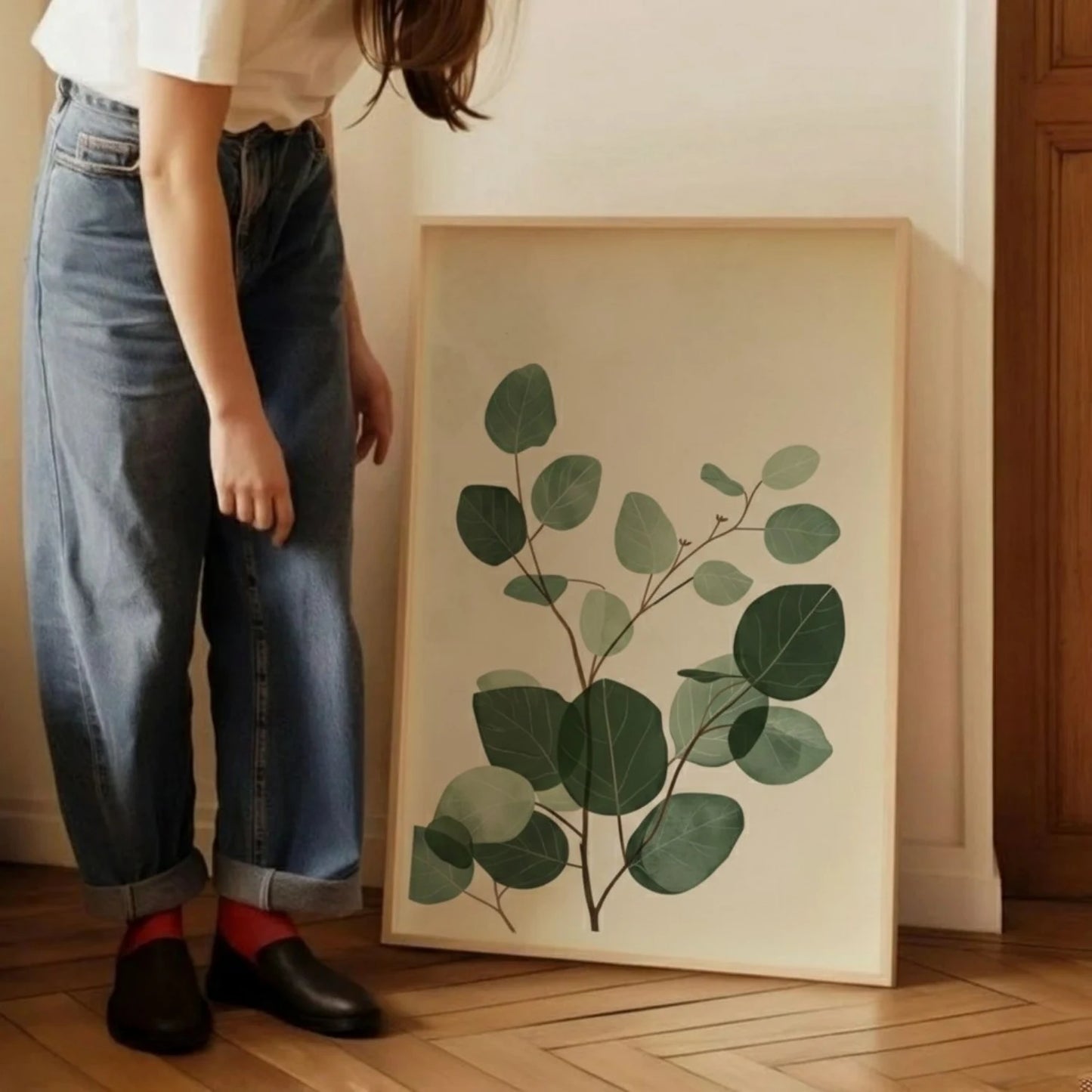 Green Botanical Leaves Art Print, Minimal Nature Wall Decor for Living Room