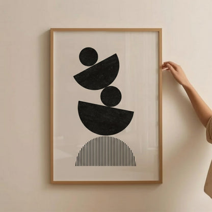 Abstract Geometric Balance Wall Art – Minimalist Black and White Shapes Print | Modern Mid-Century Framed Poster by Grodo