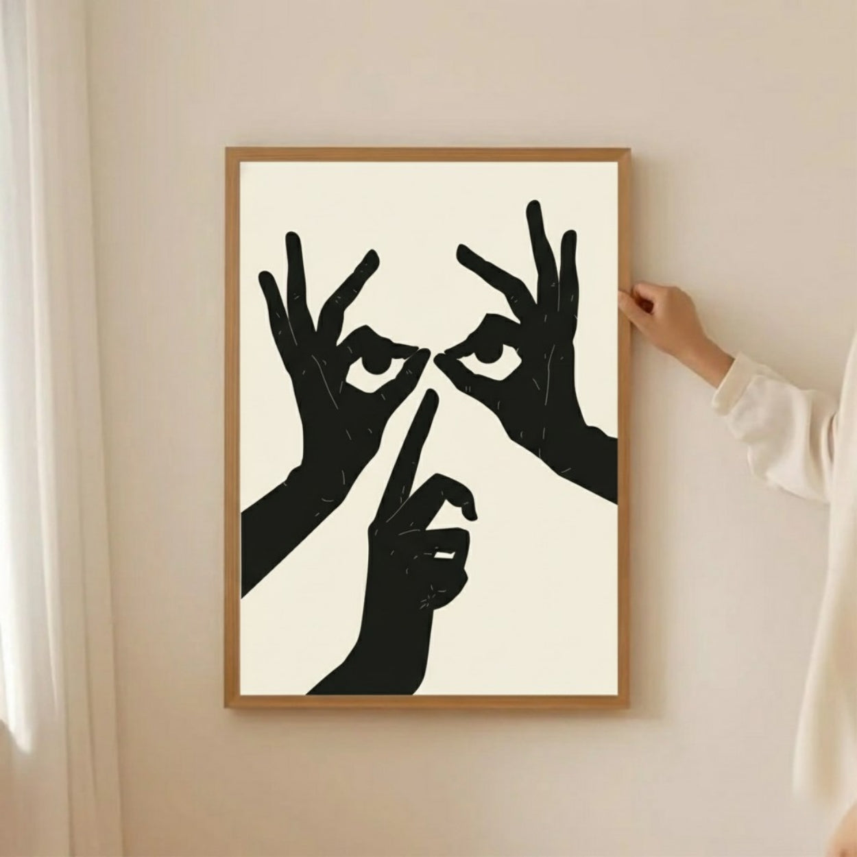 Abstract Hands and Eyes Wall Art – Minimalist Black Line Poster | Modern Surreal Framed Artwork by Grodo