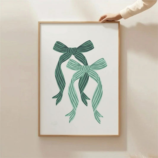 Green Ribbon Bow Christmas Wall Art | Minimal Holiday Decor