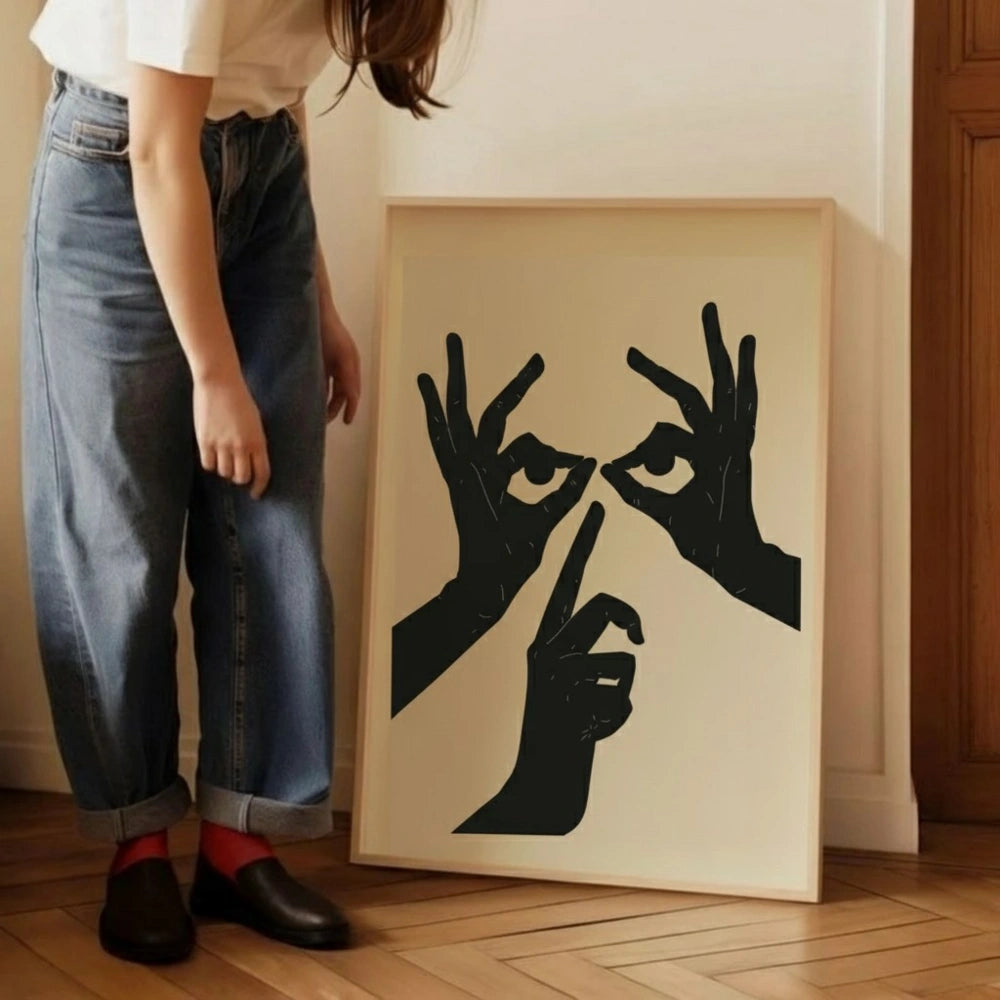 Abstract Hands and Eyes Wall Art – Minimalist Black Line Poster | Modern Surreal Framed Artwork by Grodo