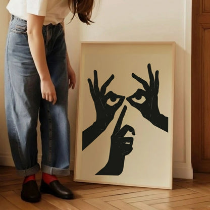 Abstract Hands and Eyes Wall Art – Minimalist Black Line Poster | Modern Surreal Framed Artwork by Grodo