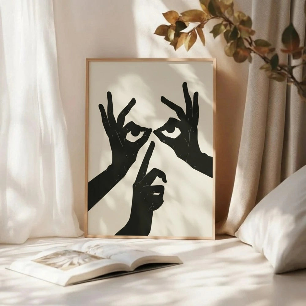 Abstract Hands and Eyes Wall Art – Minimalist Black Line Poster | Modern Surreal Framed Artwork by Grodo