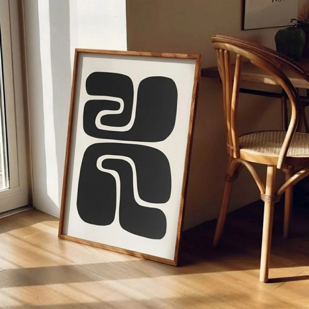 Abstract Retro Shapes Wall Art – Modern Black and White Geometric Print | Mid-Century Minimal Framed Poster by Grodo