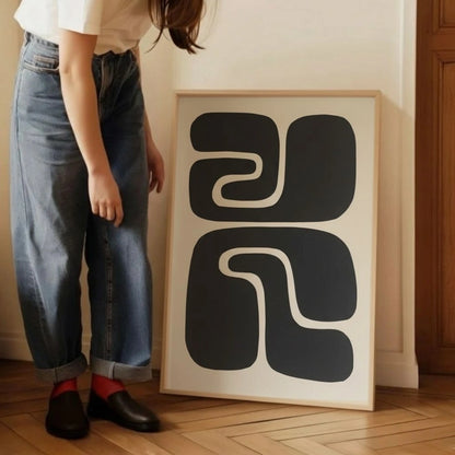 Abstract Retro Shapes Wall Art – Modern Black and White Geometric Print | Mid-Century Minimal Framed Poster by Grodo