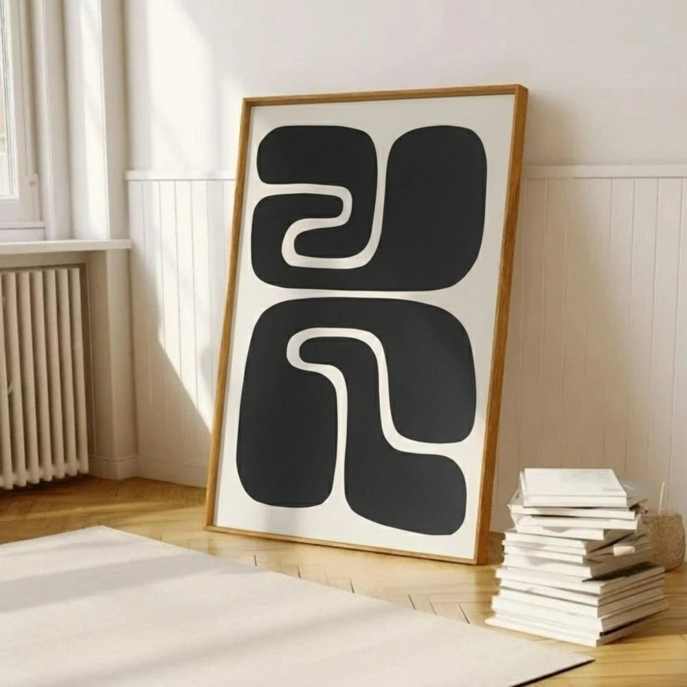 Abstract Retro Shapes Wall Art – Modern Black and White Geometric Print | Mid-Century Minimal Framed Poster by Grodo