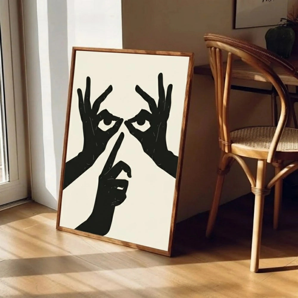Abstract Hands and Eyes Wall Art – Minimalist Black Line Poster | Modern Surreal Framed Artwork by Grodo