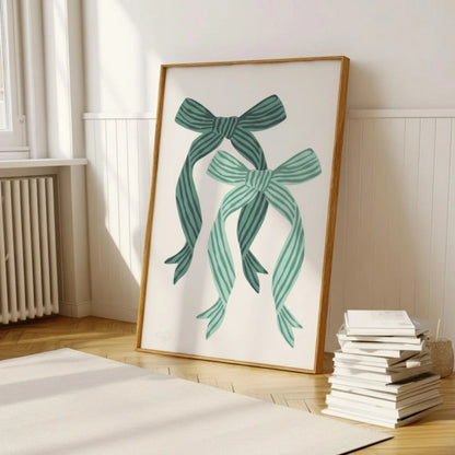 Green Ribbon Bow Christmas Wall Art | Minimal Holiday Decor