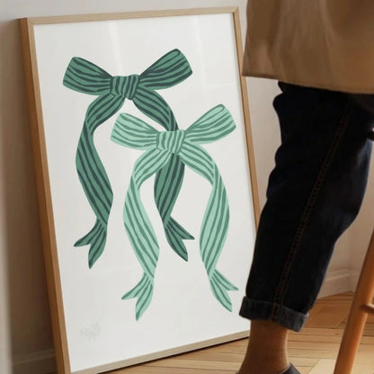 Green Ribbon Bow Christmas Wall Art | Minimal Holiday Decor