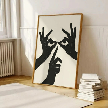 Abstract Hands and Eyes Wall Art – Minimalist Black Line Poster | Modern Surreal Framed Artwork by Grodo