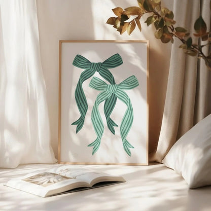 Green Ribbon Bow Christmas Wall Art | Minimal Holiday Decor