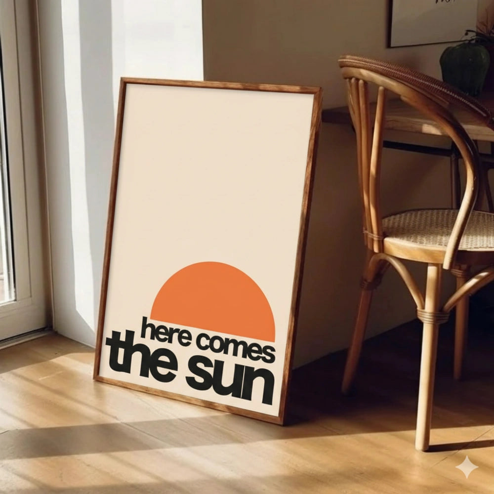 Here Comes The Sun Retro Print – Vintage Typography Wall Art | Minimalist Mid-Century Poster | Grodo Framed Art Print
