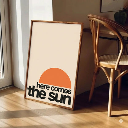 Here Comes The Sun Retro Print – Vintage Typography Wall Art | Minimalist Mid-Century Poster | Grodo Framed Art Print