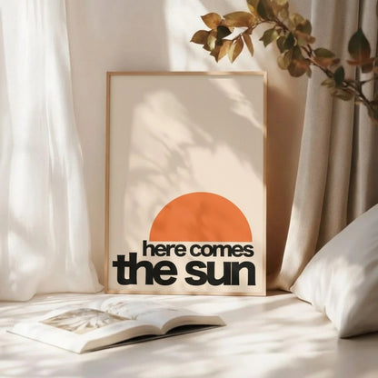 Here Comes The Sun Retro Print – Vintage Typography Wall Art | Minimalist Mid-Century Poster | Grodo Framed Art Print