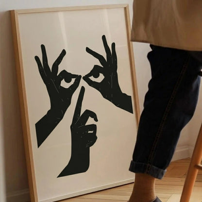 Abstract Hands and Eyes Wall Art – Minimalist Black Line Poster | Modern Surreal Framed Artwork by Grodo