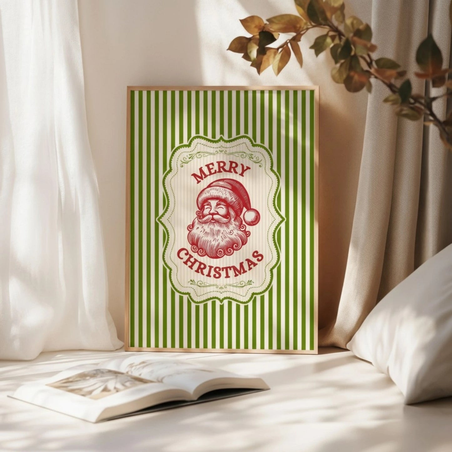 Merry Christmas Vintage Green Retro Stripes Wall Art Trendy Winter Holiday Wall Poster Decor