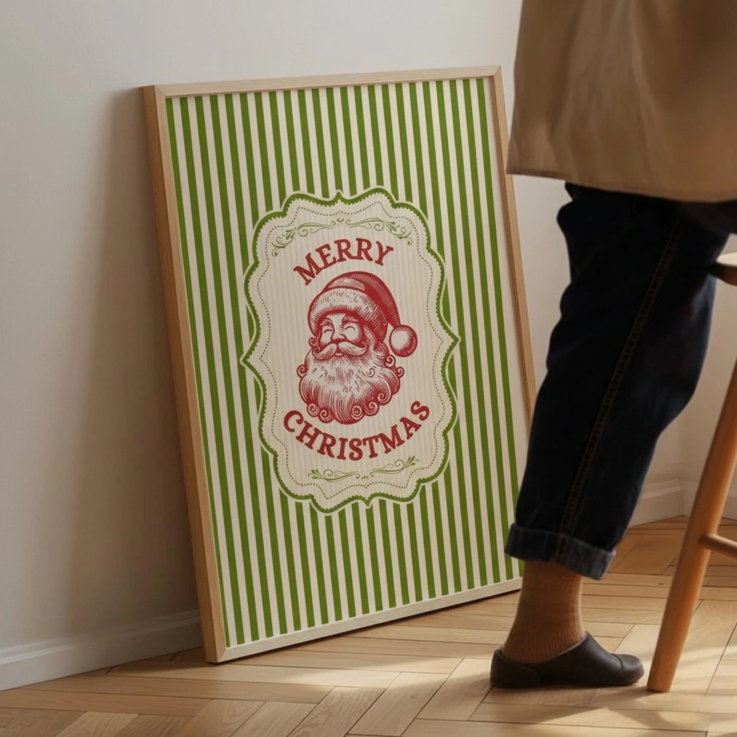 Merry Christmas Vintage Green Retro Stripes Wall Art Trendy Winter Holiday Wall Poster Decor