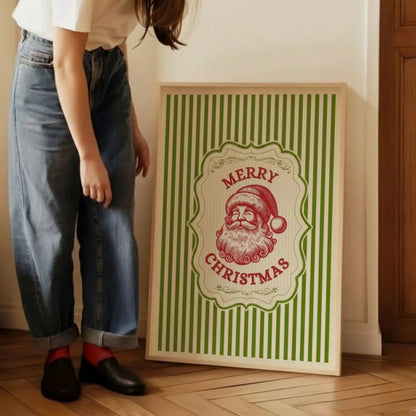 Merry Christmas Vintage Green Retro Stripes Wall Art Trendy Winter Holiday Wall Poster Decor