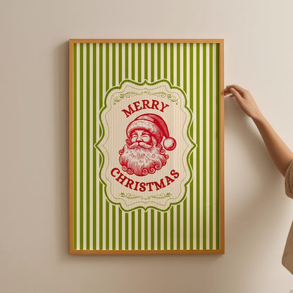 Merry Christmas Vintage Green Retro Stripes Wall Art Trendy Winter Holiday Wall Poster Decor