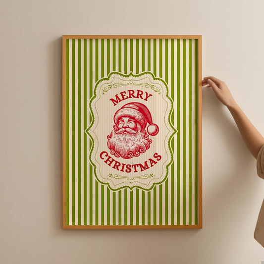 Merry Christmas Vintage Green Retro Stripes Wall Art Trendy Winter Holiday Wall Poster Decor
