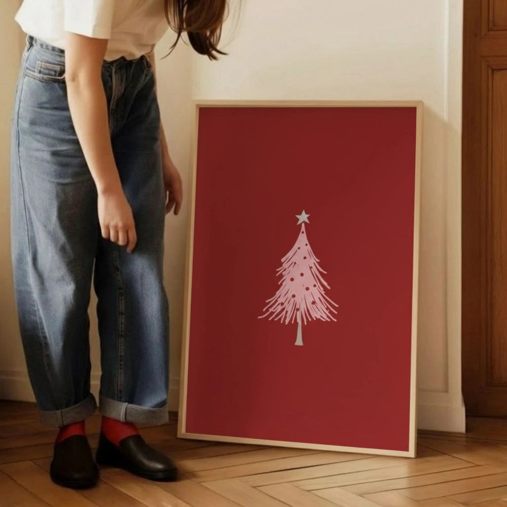 Minimal Red Christmas Tree Wall Art | Modern Festive Print