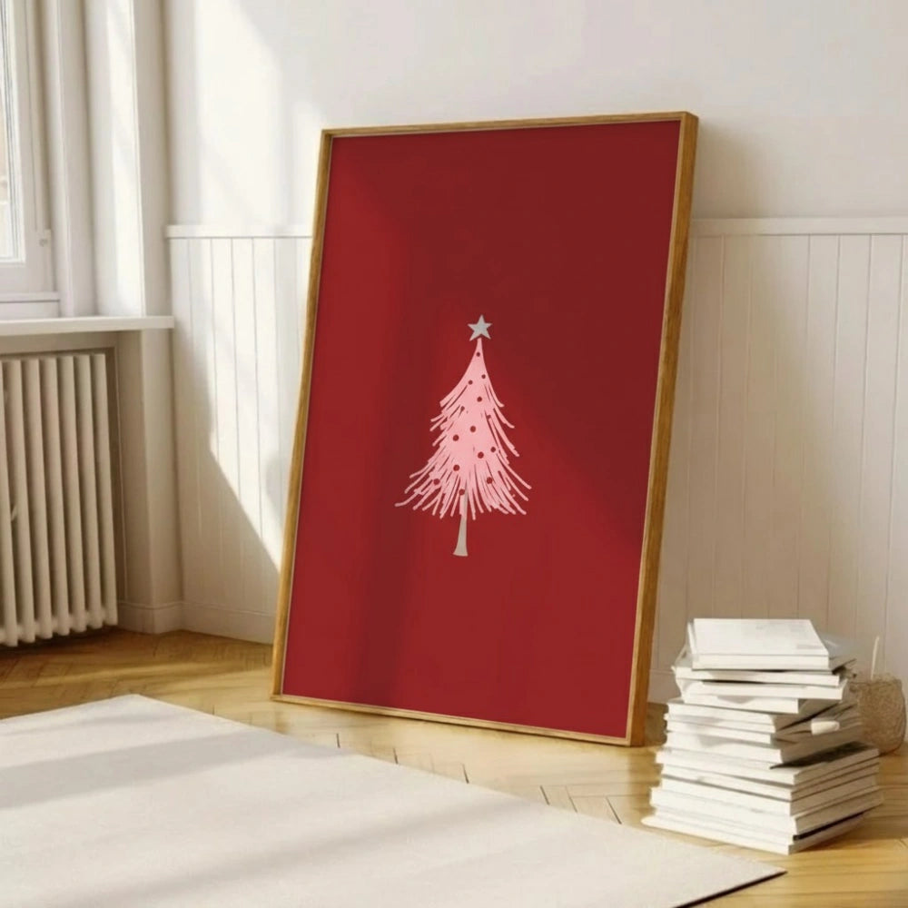 Minimal Red Christmas Tree Wall Art | Modern Festive Print