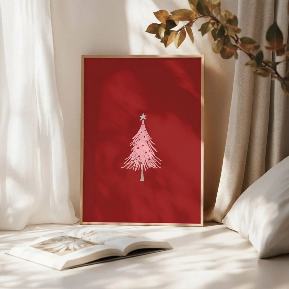 Minimal Red Christmas Tree Wall Art | Modern Festive Print