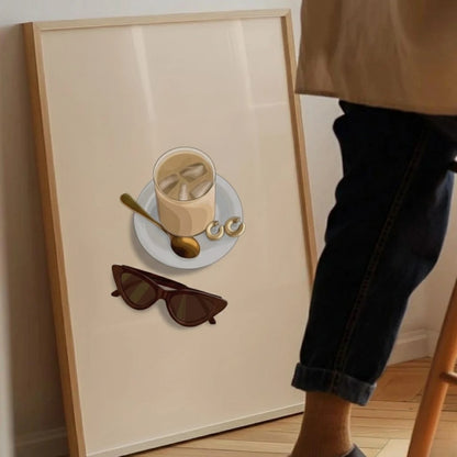 Minimalist Iced Coffee Wall Art with Sunglasses, Modern Aesthetic Kitchen Decor Print