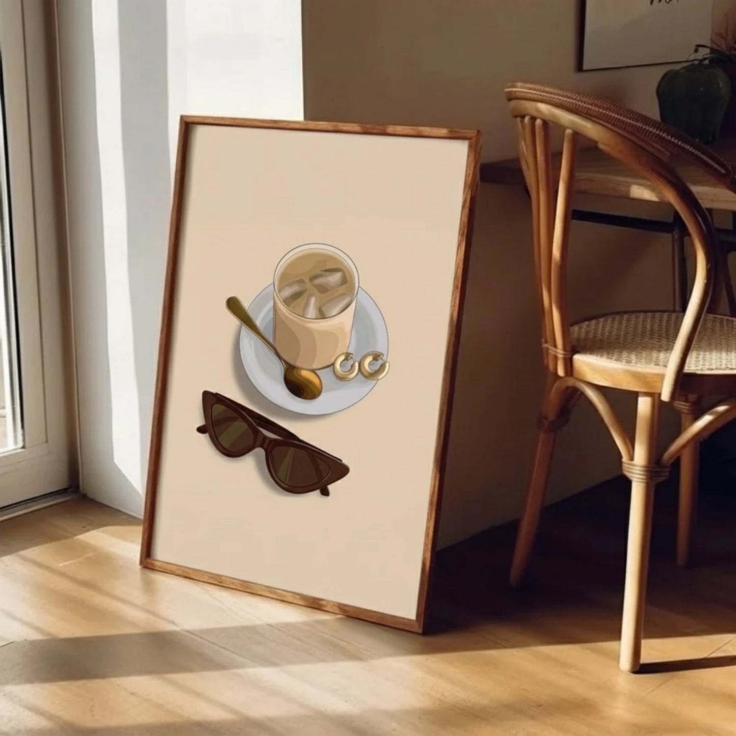 Minimalist Iced Coffee Wall Art with Sunglasses, Modern Aesthetic Kitchen Decor Print