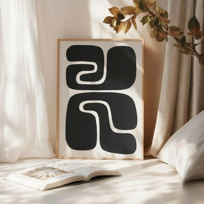 Abstract Retro Shapes Wall Art – Modern Black and White Geometric Print | Mid-Century Minimal Framed Poster by Grodo
