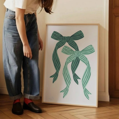 Green Ribbon Bow Christmas Wall Art | Minimal Holiday Decor