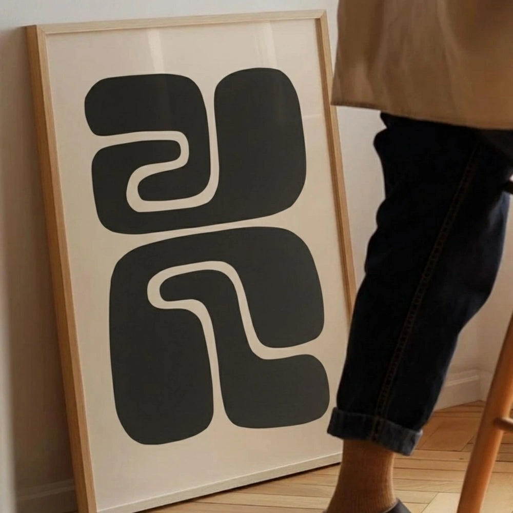 Abstract Retro Shapes Wall Art – Modern Black and White Geometric Print | Mid-Century Minimal Framed Poster by Grodo