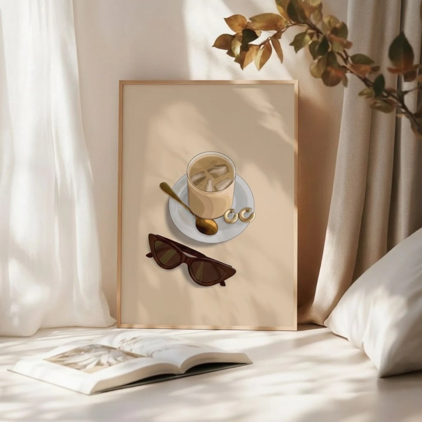 Minimalist Iced Coffee Wall Art with Sunglasses, Modern Aesthetic Kitchen Decor Print