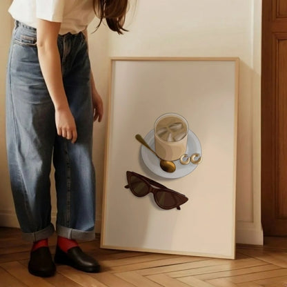 Minimalist Iced Coffee Wall Art with Sunglasses, Modern Aesthetic Kitchen Decor Print