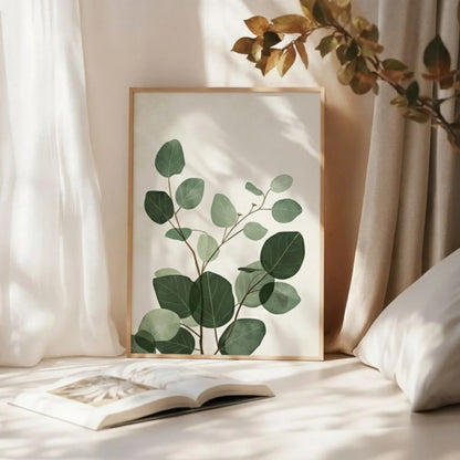 Green Botanical Leaves Art Print, Minimal Nature Wall Decor for Living Room