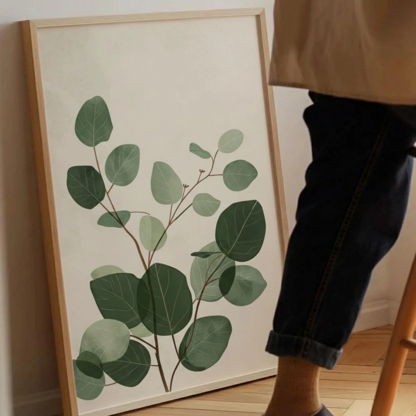 Green Botanical Leaves Art Print, Minimal Nature Wall Decor for Living Room