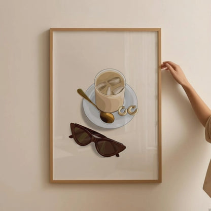Minimalist Iced Coffee Wall Art with Sunglasses, Modern Aesthetic Kitchen Decor Print