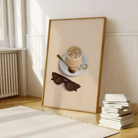 Minimalist Iced Coffee Wall Art with Sunglasses, Modern Aesthetic Kitchen Decor Print